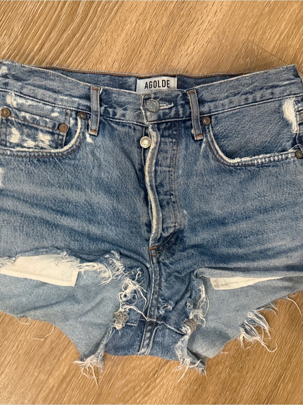 Agolde Parker Light Blue Jean Shorts with Subtle Distressing